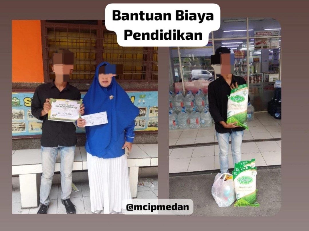 Tim Mualaf Center Medan menyerahkan sembako kepada pelajar yatim